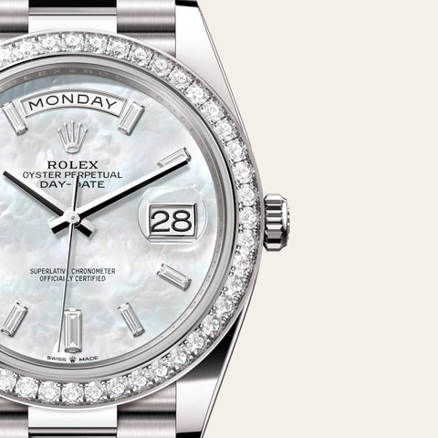 Dial closeup of a Rolex Day-Date watch