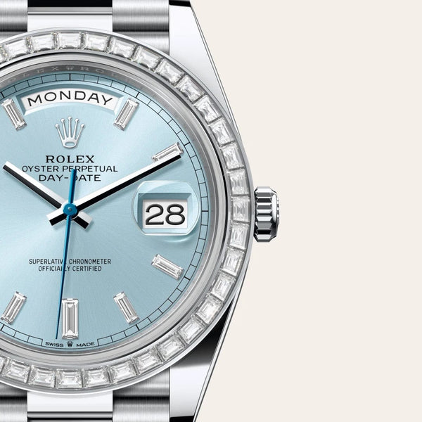 Dial closeup of a Rolex Day-Date watch