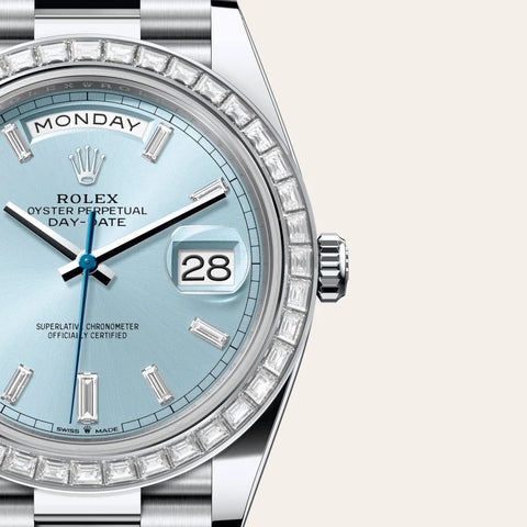 Dial closeup of a Rolex Day-Date watch