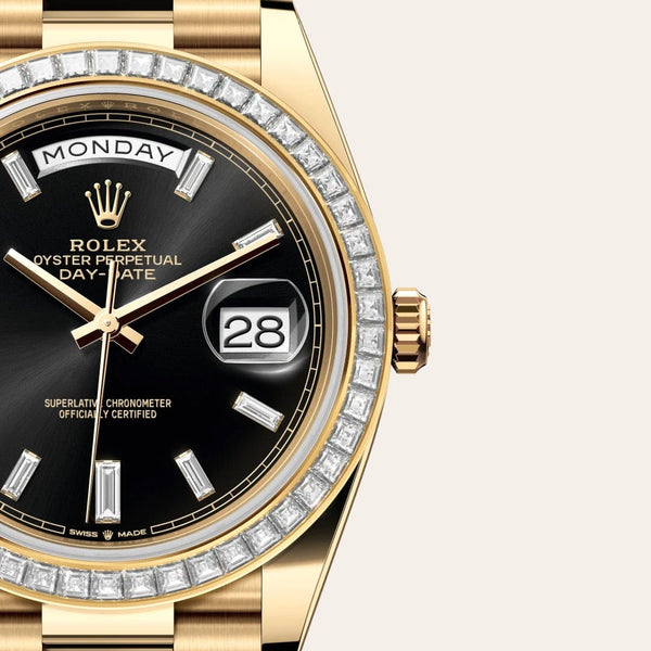 Dial closeup of a Rolex Day-Date watch