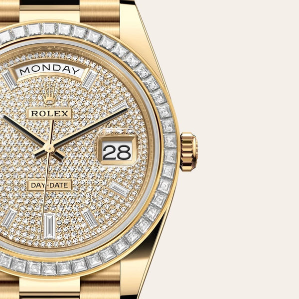 Dial closeup of a Rolex Day-Date watch