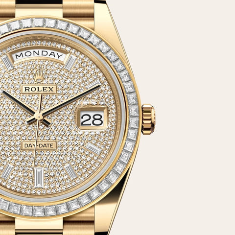 Dial closeup of a Rolex Day-Date watch