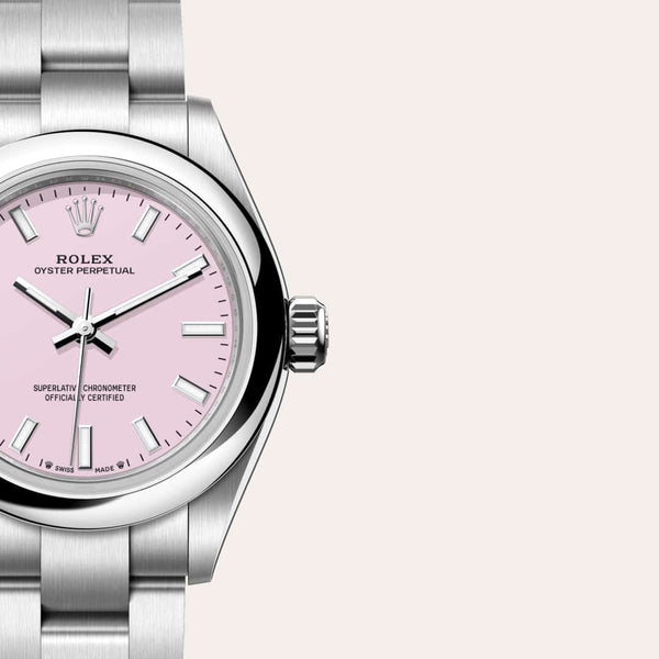 Dial closeup of a Rolex Oyster Perpetual watch