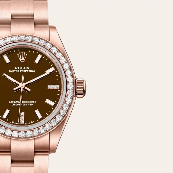 Dial closeup of a Rolex Oyster Perpetual watch