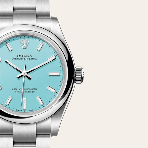 Dial closeup of a Rolex Oyster Perpetual watch