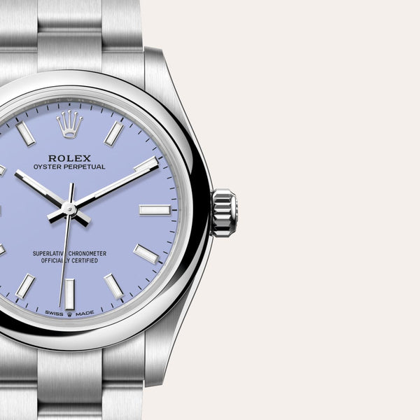 Dial closeup of a Rolex Oyster Perpetual watch