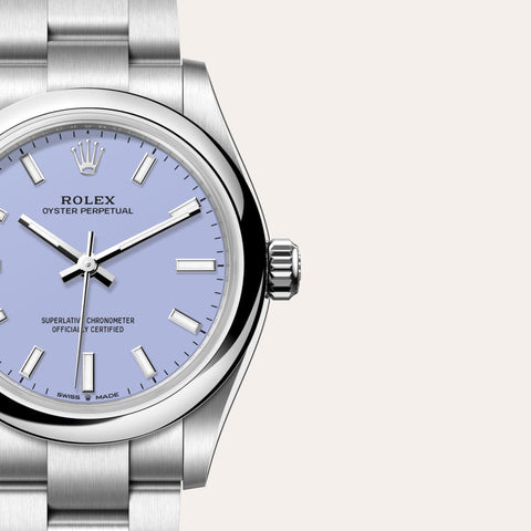 Dial closeup of a Rolex Oyster Perpetual watch