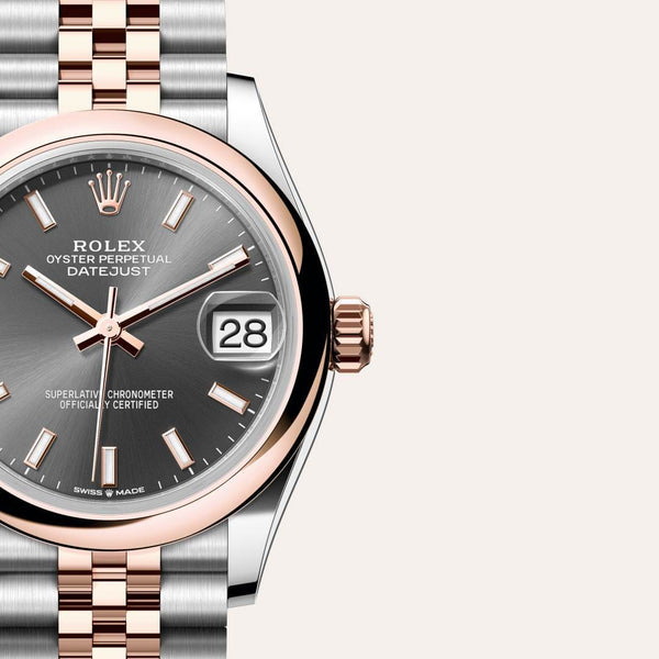 Dial closeup of a Rolex Datejust watch