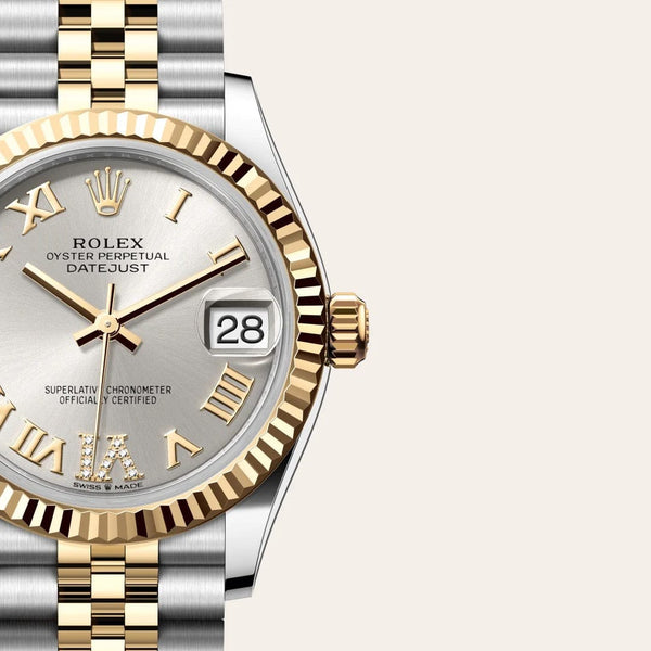 Dial closeup of a Rolex Datejust watch
