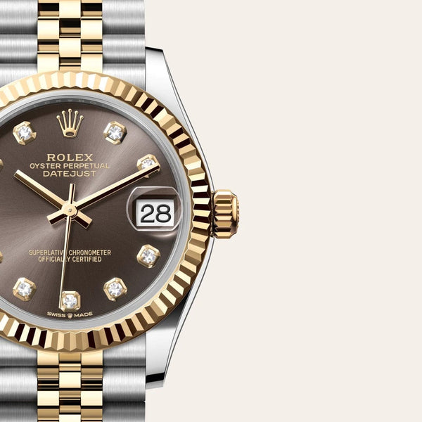 Dial closeup of a Rolex Datejust watch