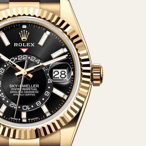 Dial closeup of a Rolex Sky Dweller watch