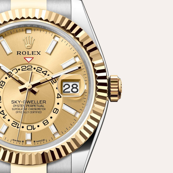 Dial closeup of a Rolex Sky-Dweller watch