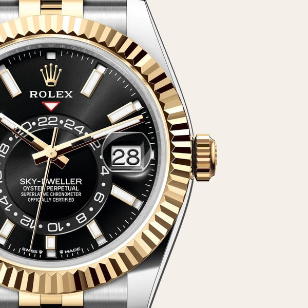 Dial closeup of a Rolex Sky Dweller watch