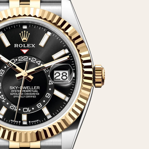 Dial closeup of a Rolex Sky Dweller watch