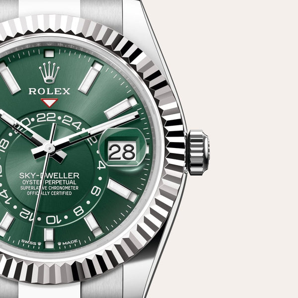 Dial closeup of a Rolex Sky-Dweller watch