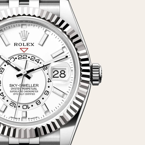 Dial closeup of a Rolex Sky Dweller watch