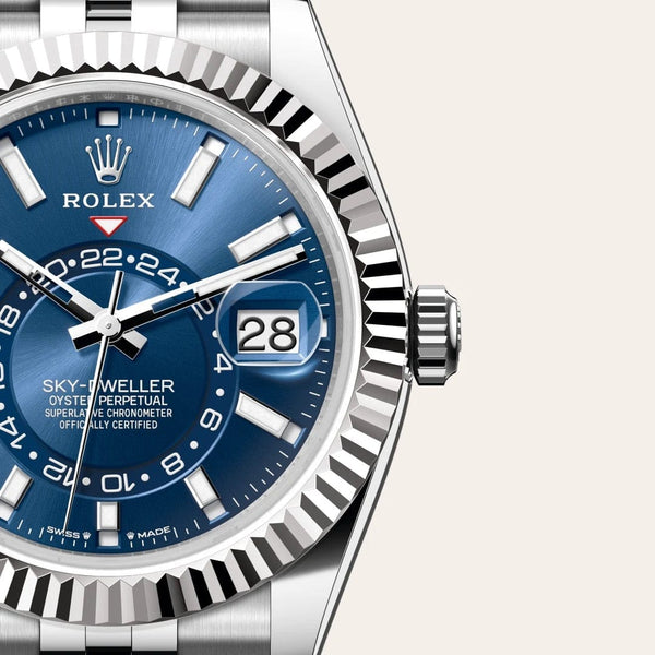 Dial closeup of a Rolex Sky-Dweller watch