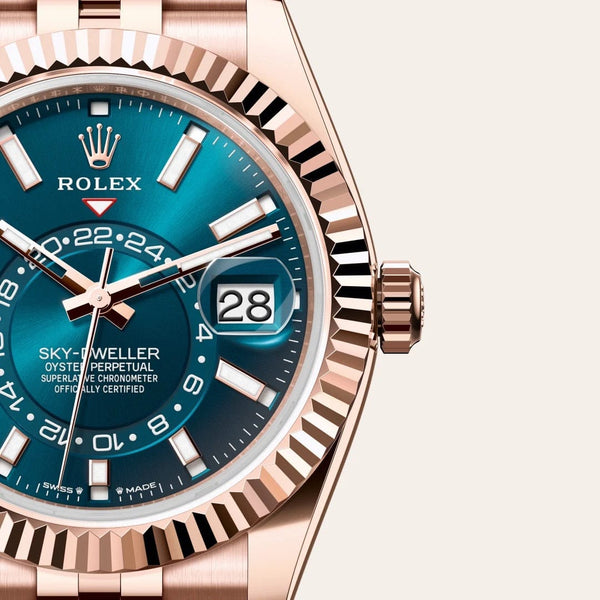 Dial closeup of a Rolex Sky-Dweller watch