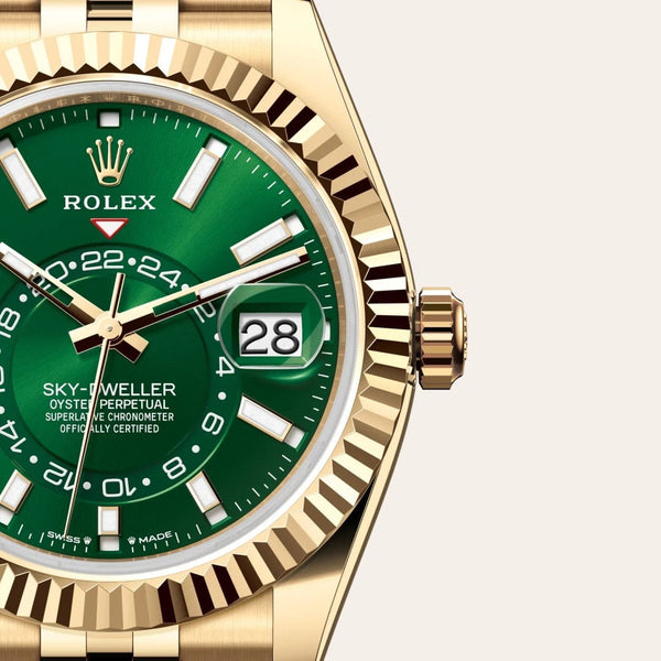 Dial closeup of a Rolex Sky-Dweller watch