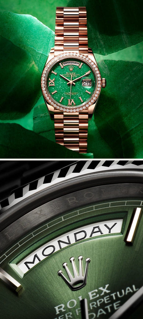 The image shows a close-up of a luxurious watch with a green face and gold band. The watch displays the date and day of the week. One part of the image highlights the intricate details of the watch‚Äôs face, emphasizing the 