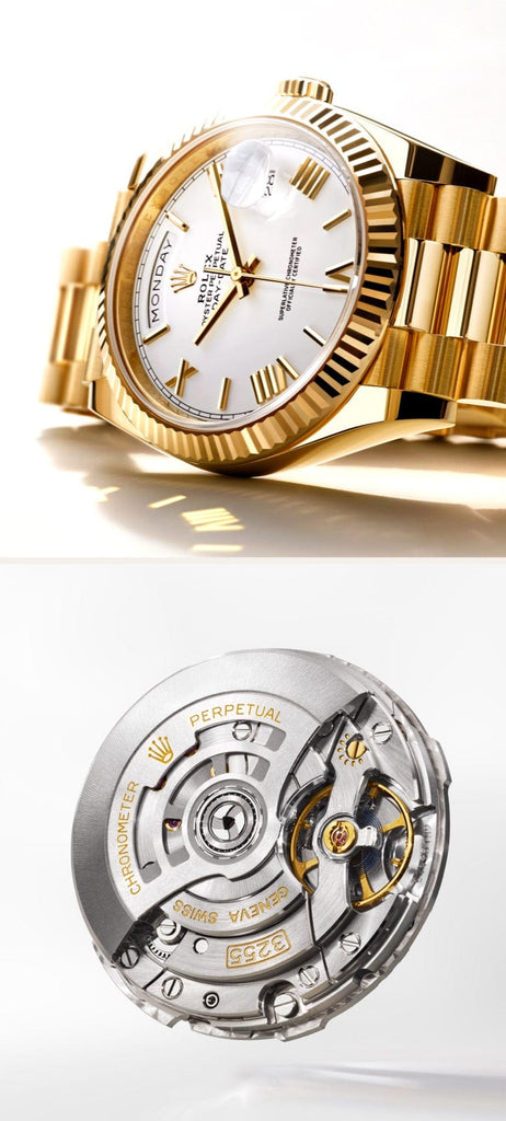 A luxurious gold wristwatch with a white face and Roman numerals is displayed on the left. On the right, a detailed view of the watch's intricate inner mechanical components is shown, highlighting its craftsmanship and engineering precision.