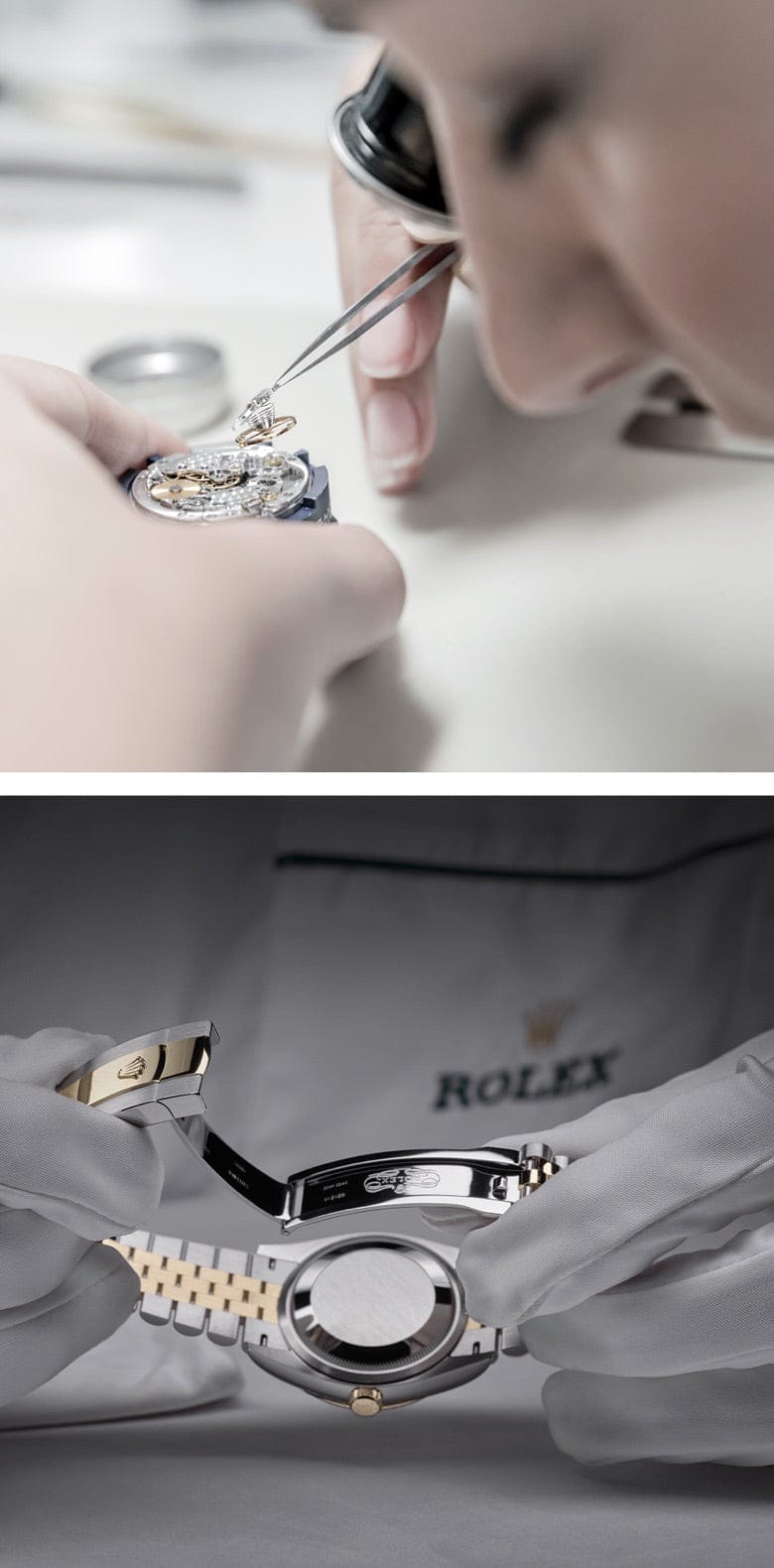 A close-up of a person meticulously assembling a watch mechanism with tweezers on the left, and on the right, gloved hands holding and examining the back of a Rolex watch with a two-tone metal bracelet.