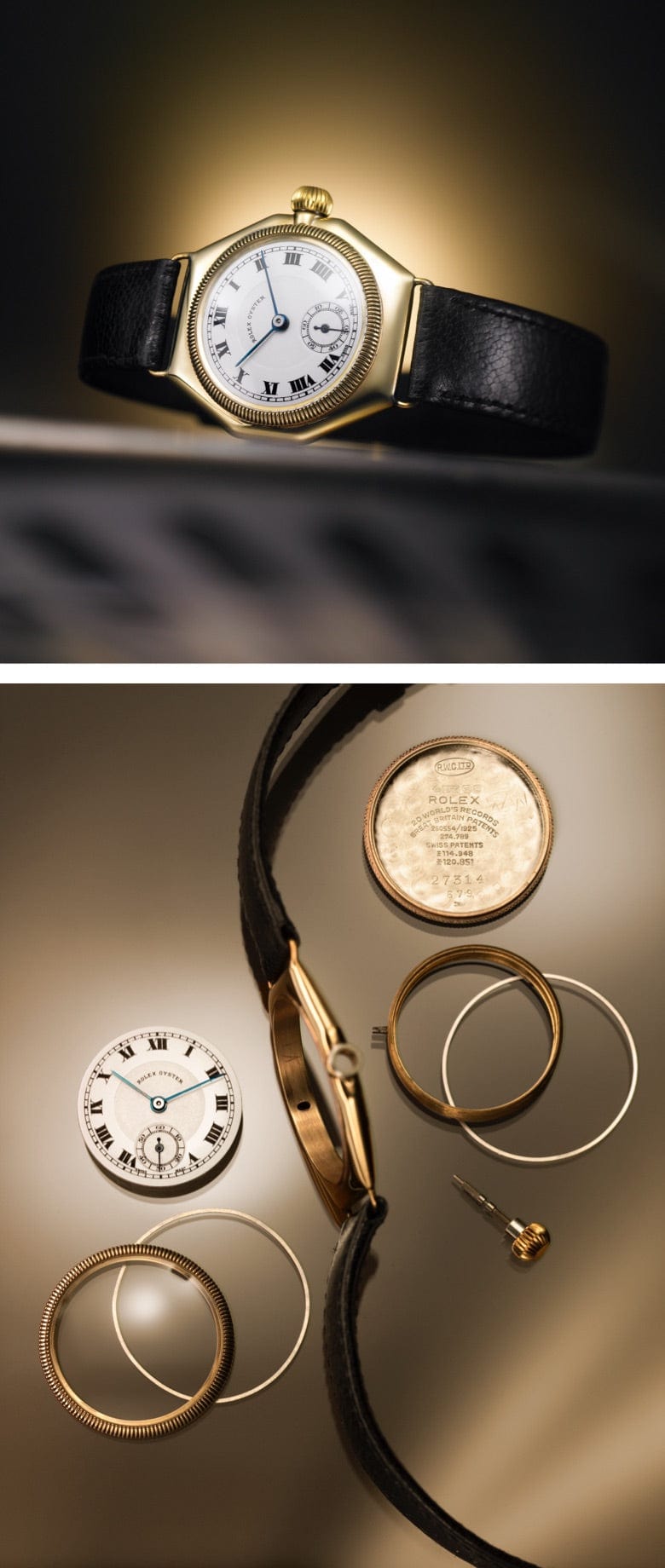 Left: A close-up view of an elegant wristwatch with a white dial, Roman numerals, and a black leather strap against a blurred background. Right: Disassembled wristwatch components, including the dial, caseback, metal rings, and other parts.