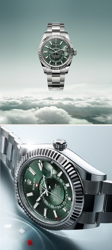 Two images of a stainless steel Rolex Sky-Dweller watch with a green dial are shown. The left image presents a front view of the watch floating above clouds, while the right image provides a close-up of the watch, highlighting its intricate details and craftsmanship.