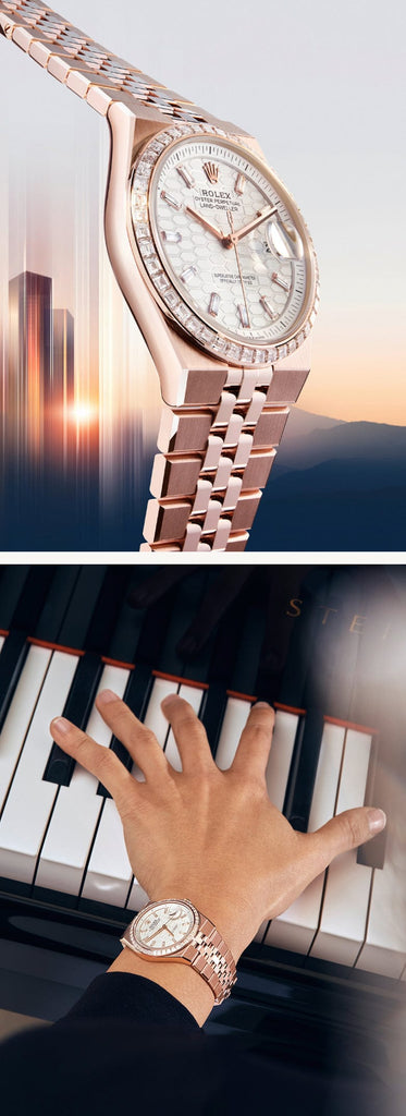 Rose gold watch with diamond accents on a cityscape background, and a hand wearing the watch on a piano keyboard.