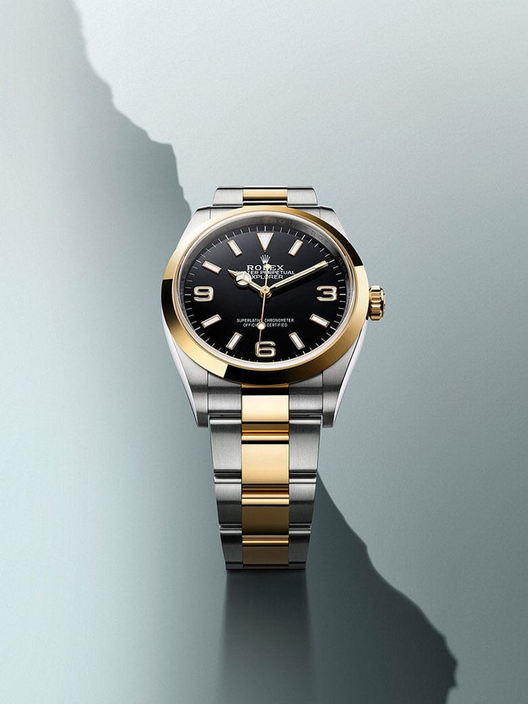 Luxury watch with black dial and gold and silver band on a light gray background