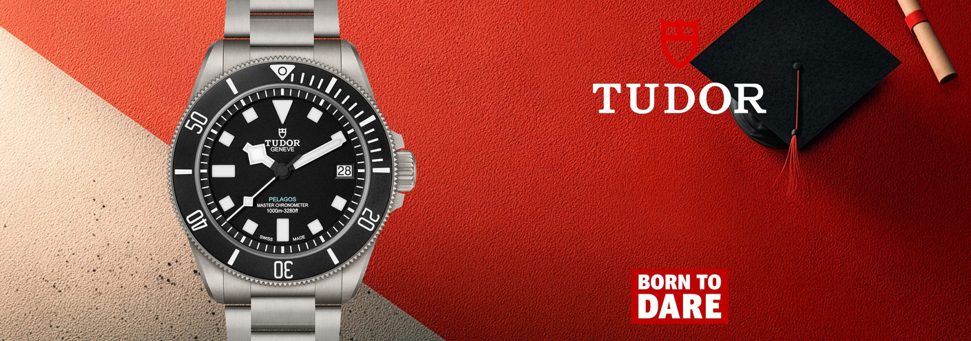 Tudor watch with graduation cap and tassel on a red background