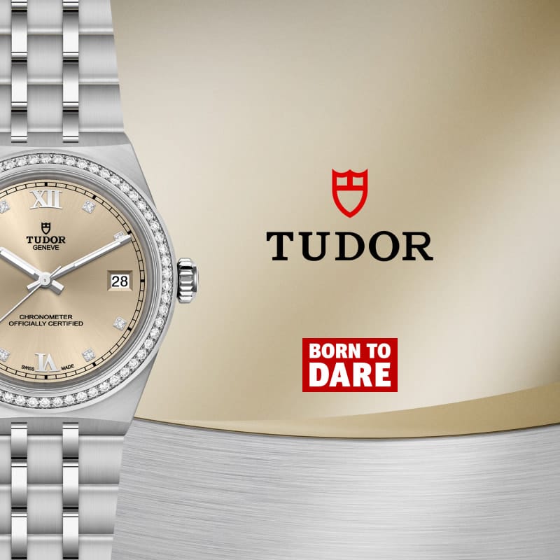 Tudor watch with brand logo and 'Born to Dare' tagline on a beige background