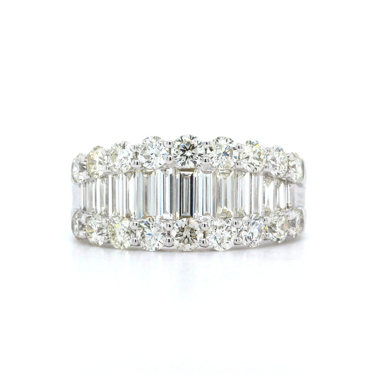 14K White Gold 3 Row Baguette and Round Diamond Band