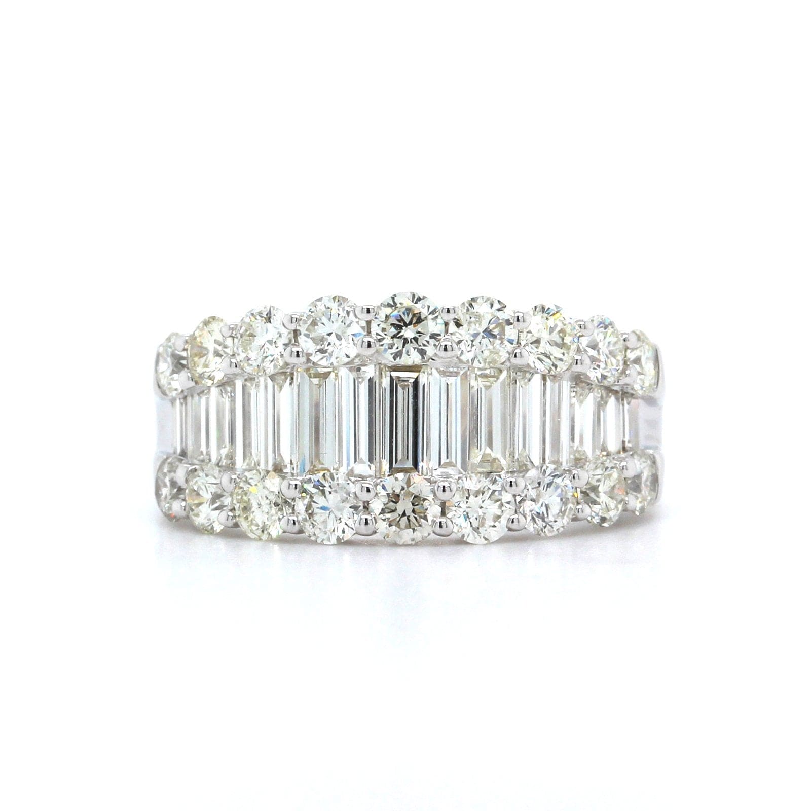 14K White Gold 3 Row Baguette and Round Diamond Band