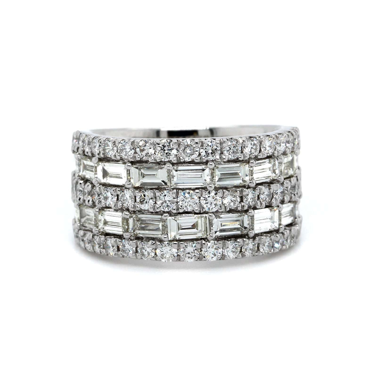 14K White Gold 5 Row Round and Baguette Diamond Ring, 14k white gold, Long's Jewelers