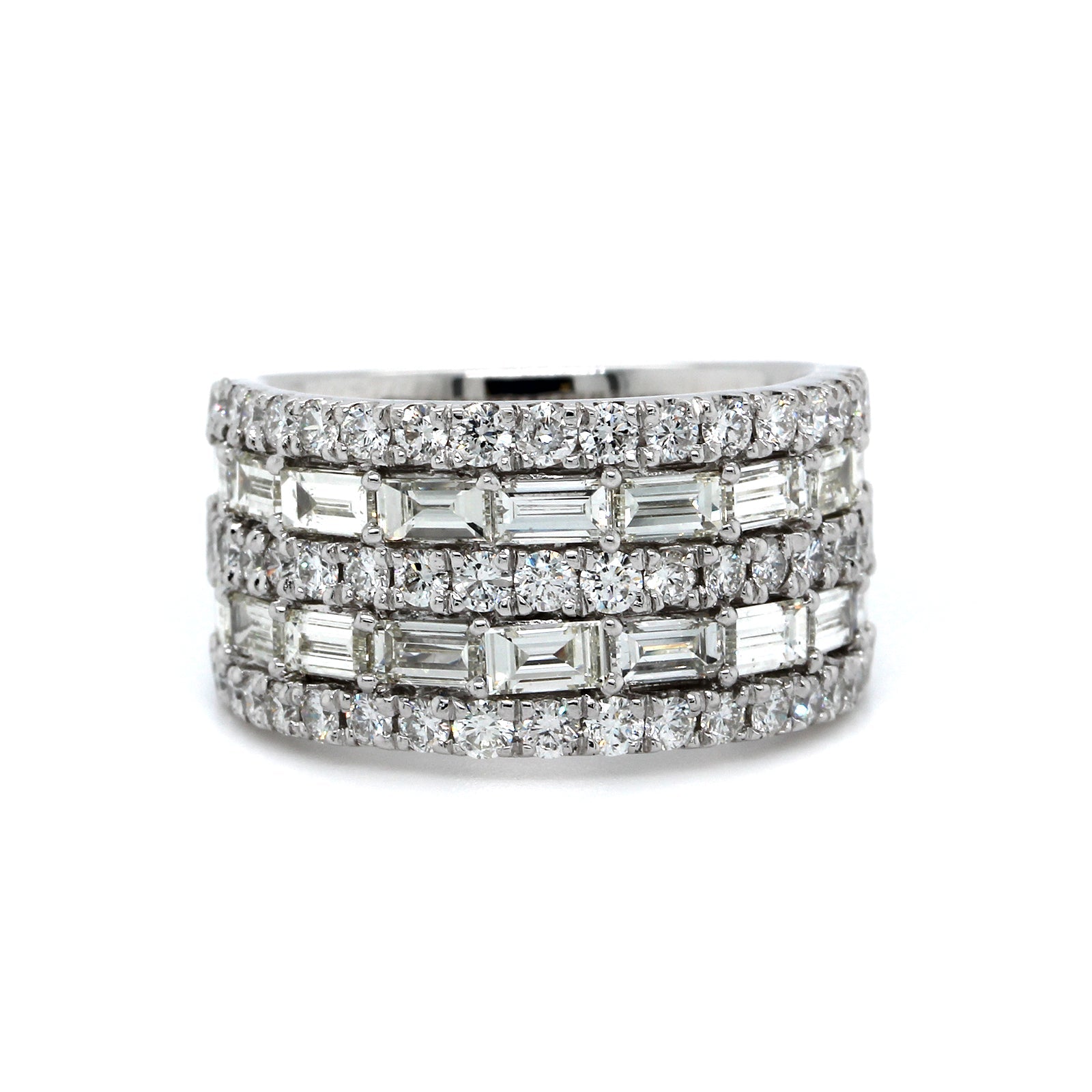 14K White Gold 5 Row Round and Baguette Diamond Ring, 14k white gold, Long's Jewelers