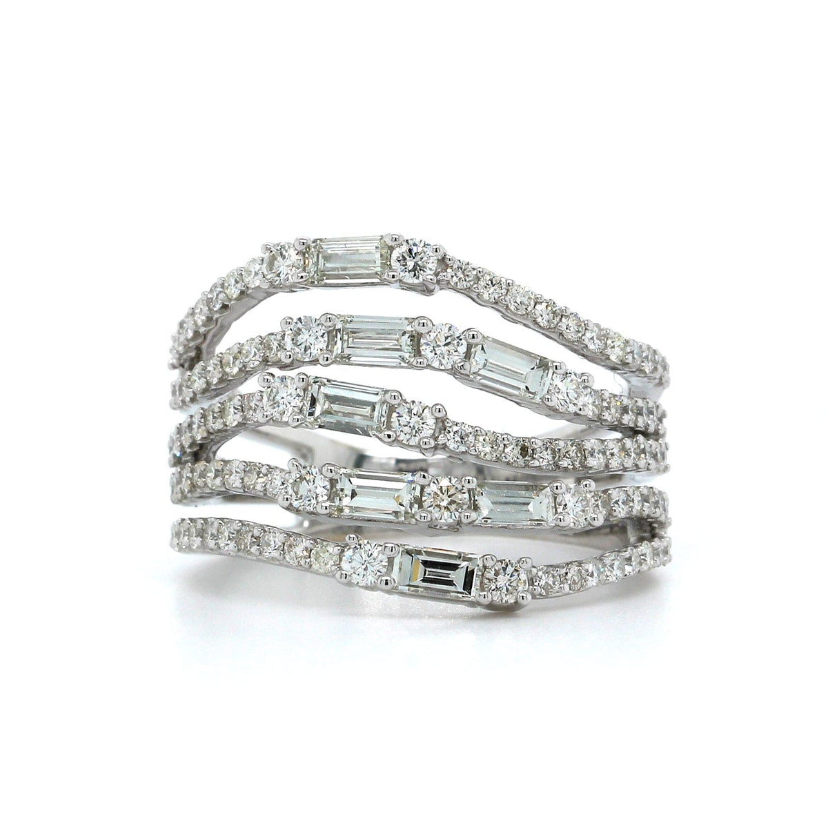 14K White Gold 5 Row Round and Baguette Wave Diamond Ring, 14k white gold, Long's Jewelers