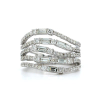 14K White Gold 5 Row Round and Baguette Wave Diamond Ring, 14k white gold, Long's Jewelers