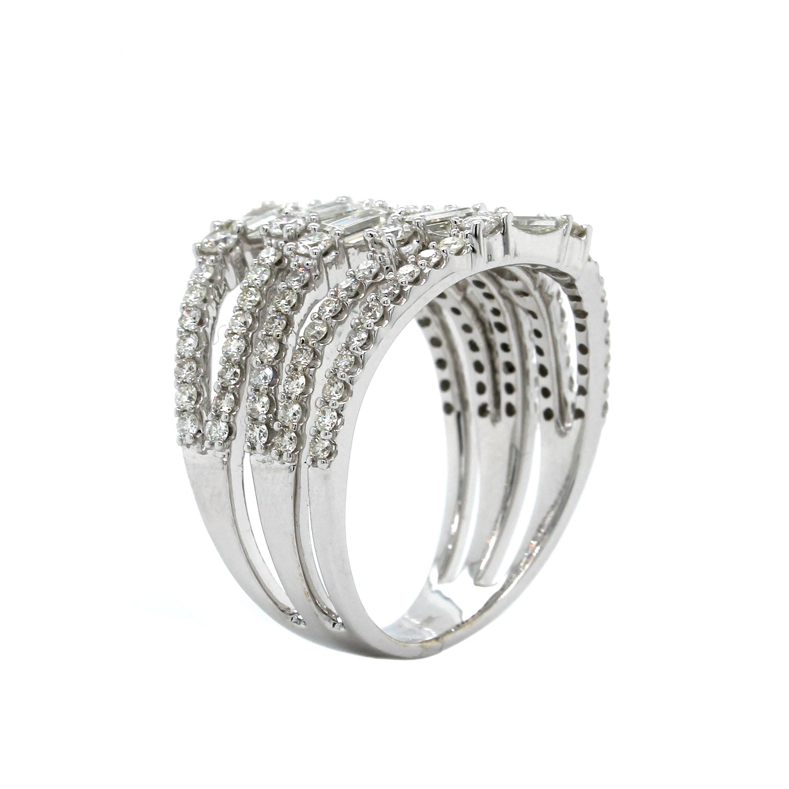 14K White Gold 5 Row Round and Baguette Wave Diamond Ring, 14k white gold, Long's Jewelers