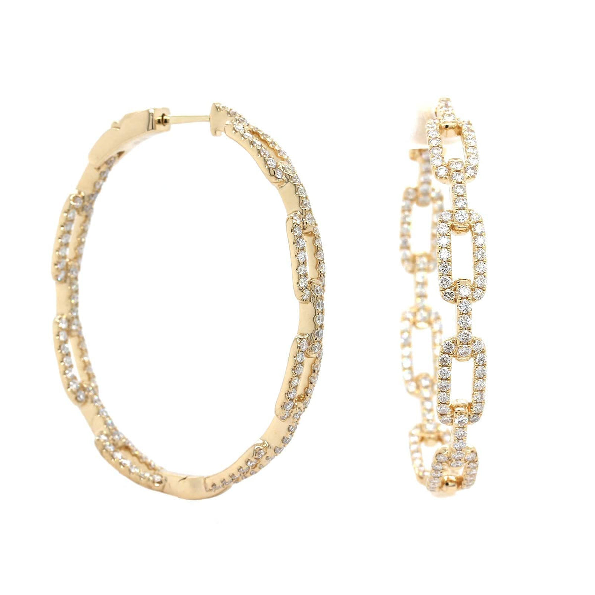 14K Yellow Gold Chain Link Style Diamond Hoop Earrings