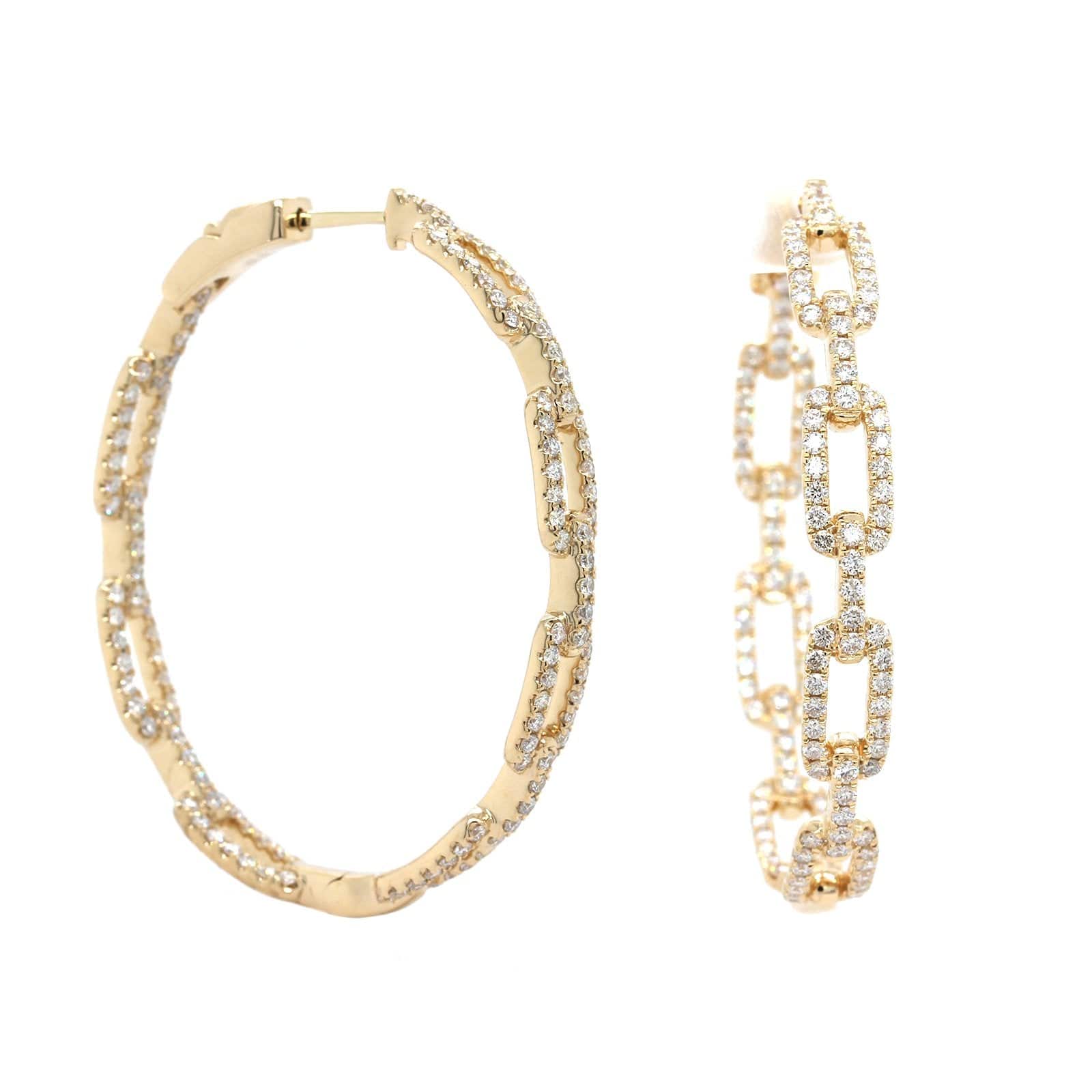14K Yellow Gold Chain Link Style Diamond Hoop Earrings