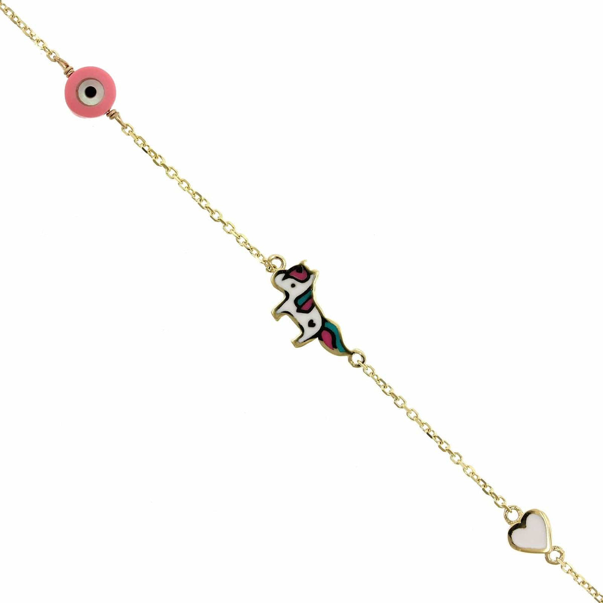 14K Yellow Gold Unicorn and Heart Enamel Bracelet