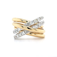 14K Yellow and White Gold Multi Row Criss Cross Diamond Ring