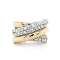 14K Yellow and White Gold Multi Row Criss Cross Diamond Ring