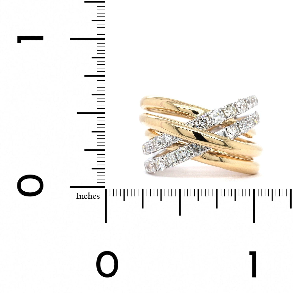 14K Yellow and White Gold Multi Row Criss Cross Diamond Ring