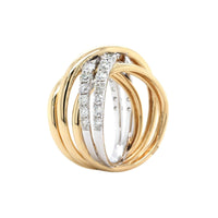 14K Yellow and White Gold Multi Row Criss Cross Diamond Ring
