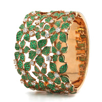 18K Rose Gold Emerald and Diamond Flower Cuff Bracelet, 18k rose gold, Long's Jewelers