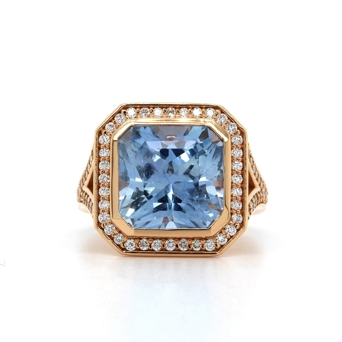 18K Rose Gold Estate Light Blue Sapphire and Diamond Halo Ring, Rose Gold, Long's Jewelers