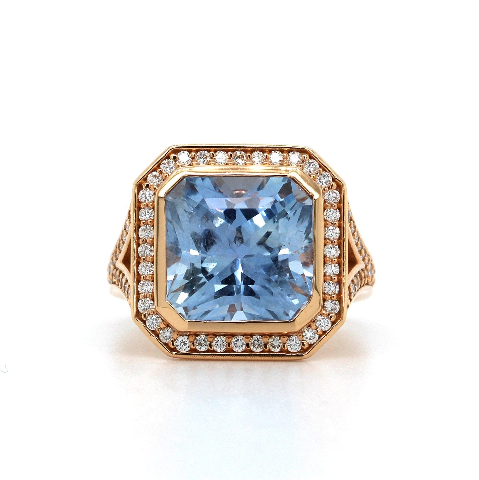 18K Rose Gold Estate Light Blue Sapphire and Diamond Halo Ring, Rose Gold, Long's Jewelers