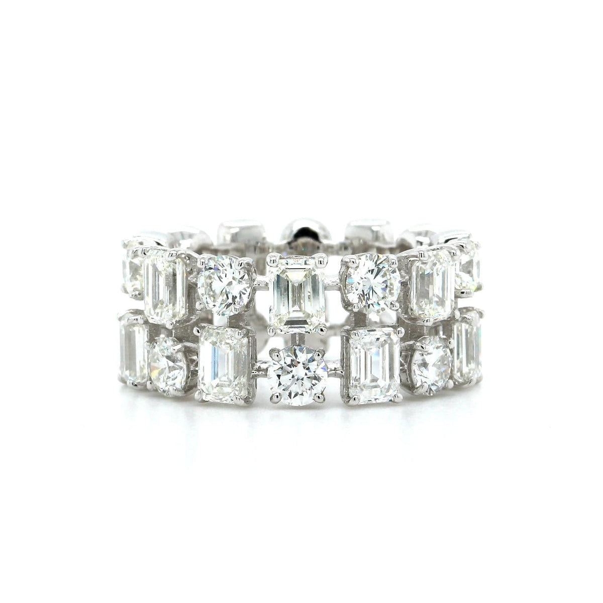 18K White Gold 2 Row Emerald and Round Diamond Band, White Gold, Long's Jewelers